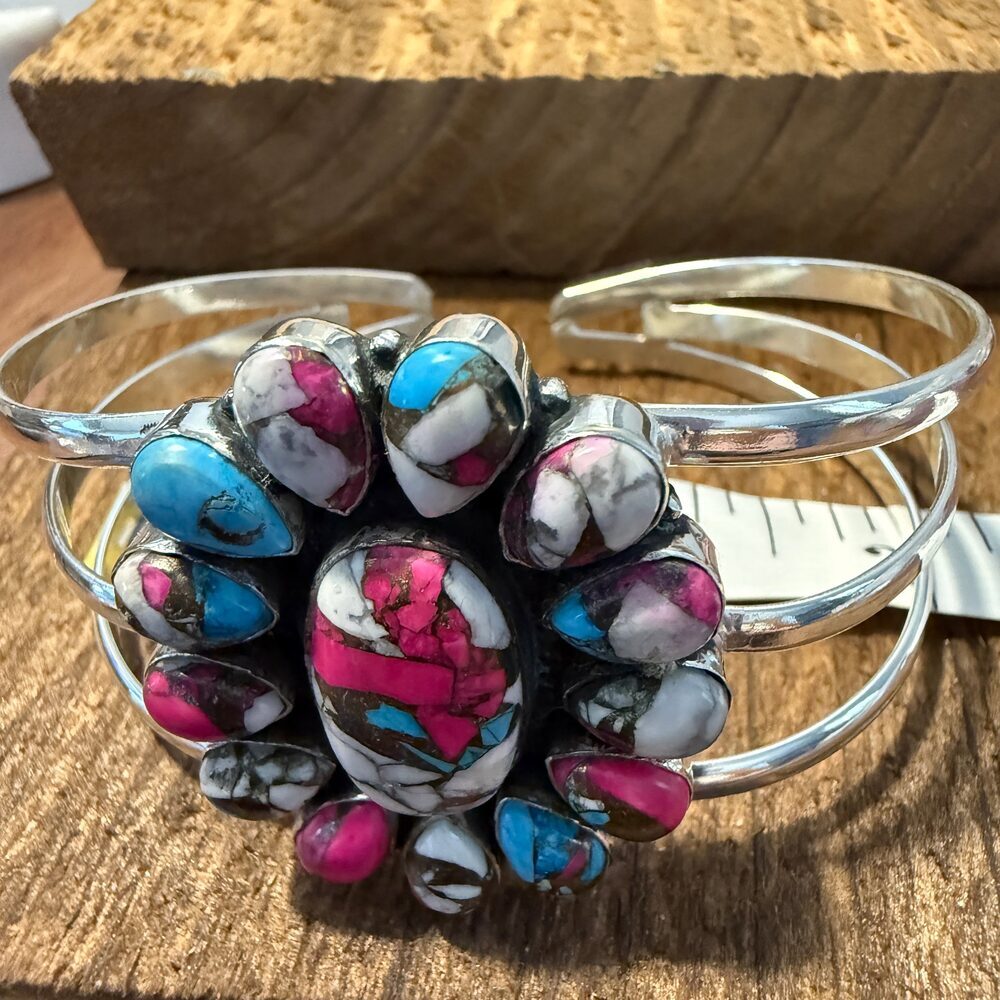 Cotton Candy Turquoise Dahlia Stone Sterling Silver Cuff - Picture 4 of 5